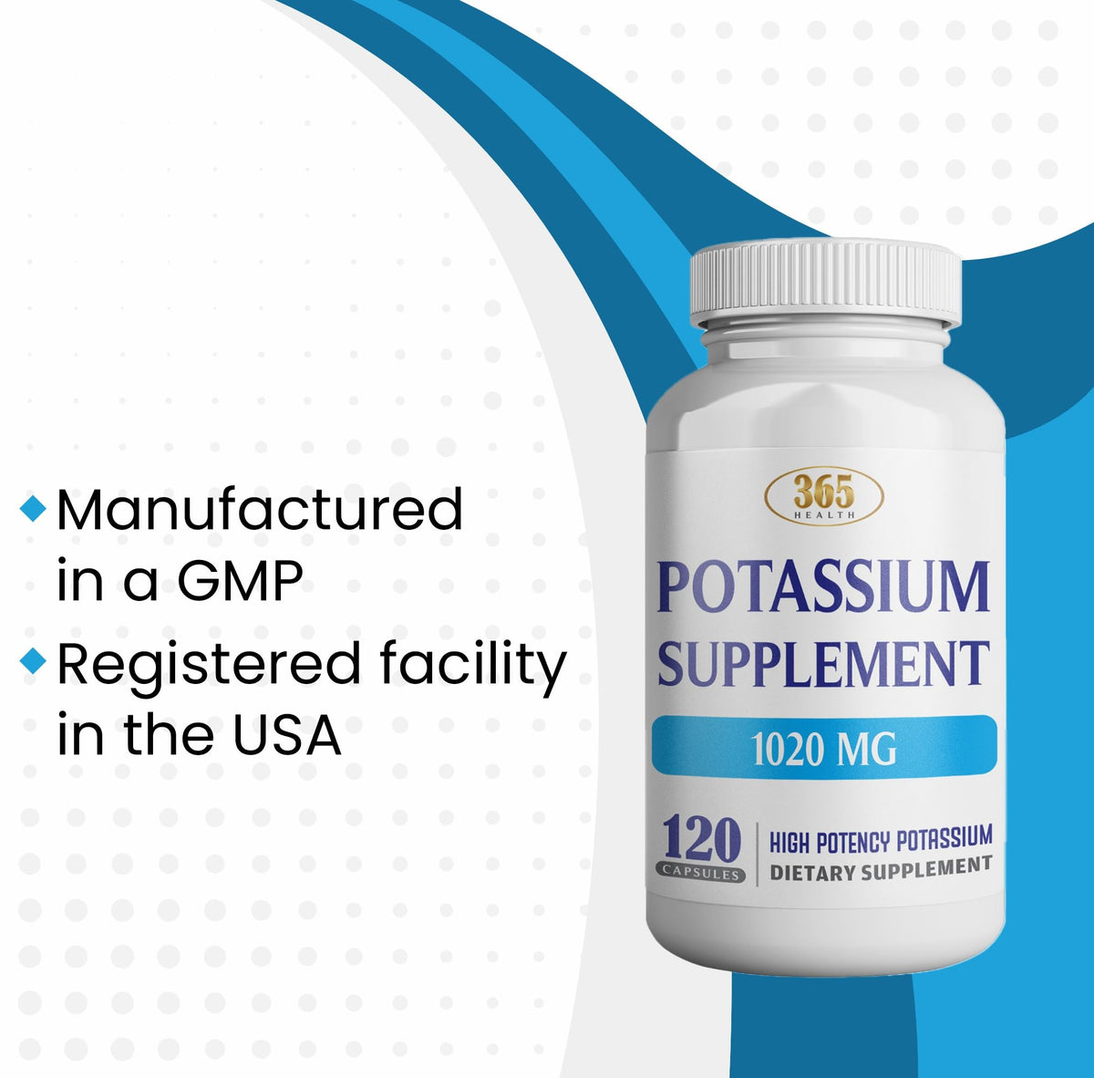 Integratore di potassio 365 Health 1020 mg | Bicarbonato di potassio | Non OGM | Senza glutine | Prodotto negli Stati Uniti | 120 capsule vegetariane