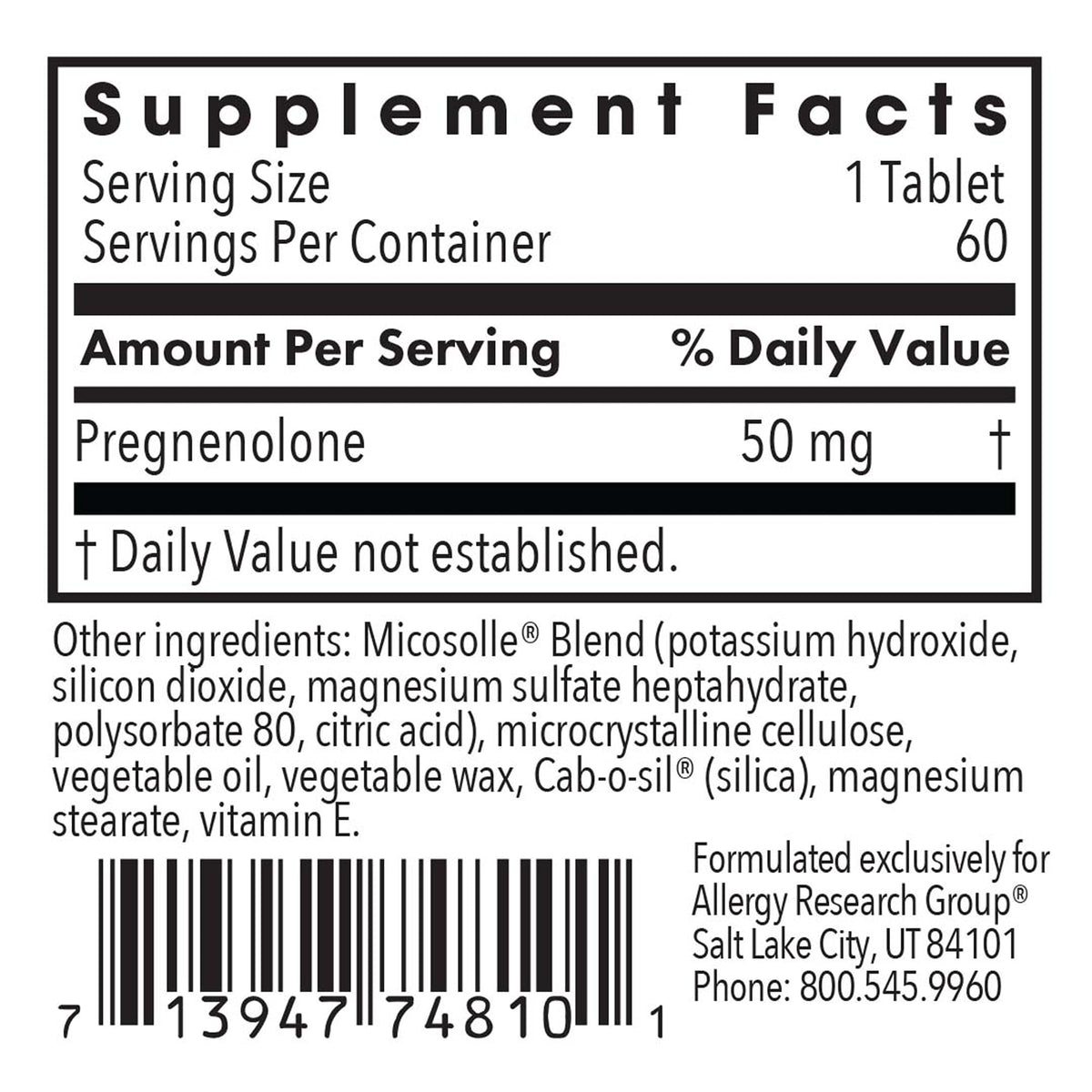 Allergy Research Group Pregnenolone Supplement 50mg - Hormone & Stress Support - Non-GMO Wild Yam, Micronized Lipid Matrix, Plant-Sourced - 60 Tablets