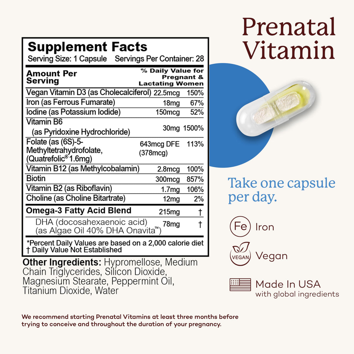 Premama Prenatal Vitamins for Women β Once-Daily Multivitamin with Folate & DHA | Vegan, Allergen-Free (28 Capsules)