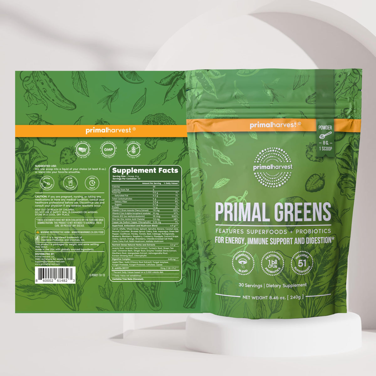 Primal Harvest Primal Greens Powder 2 Pack β 30 Servings Daily Supergreens with Spirulina, Mushroom Blend & Probiotics