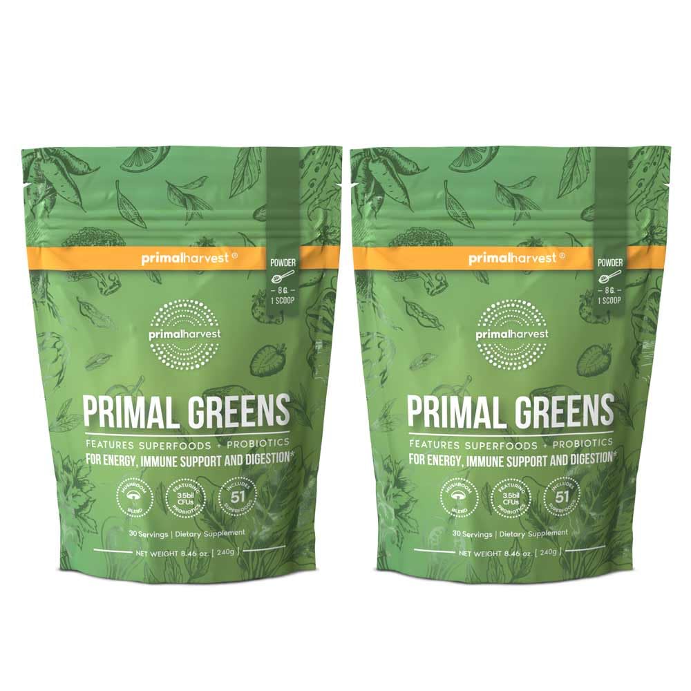 Primal Harvest Primal Greens Powder 2 Pack β 30 Servings Daily Supergreens with Spirulina, Mushroom Blend & Probiotics