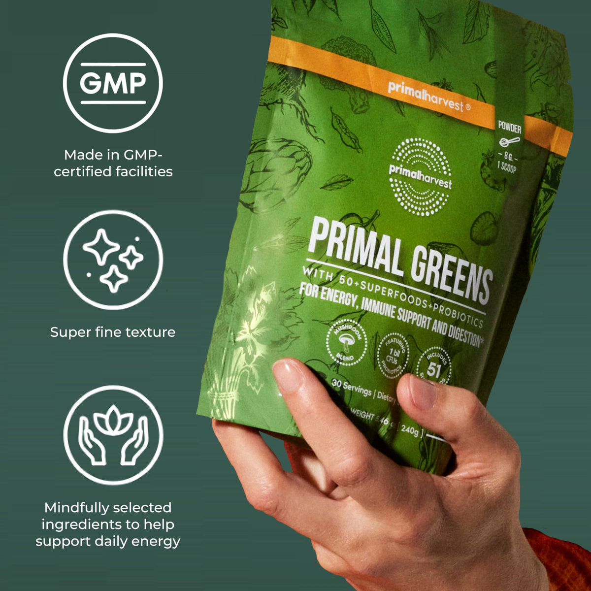 Primal Harvest Primal Greens Powder 2 Pack β 30 Servings Daily Supergreens with Spirulina, Mushroom Blend & Probiotics