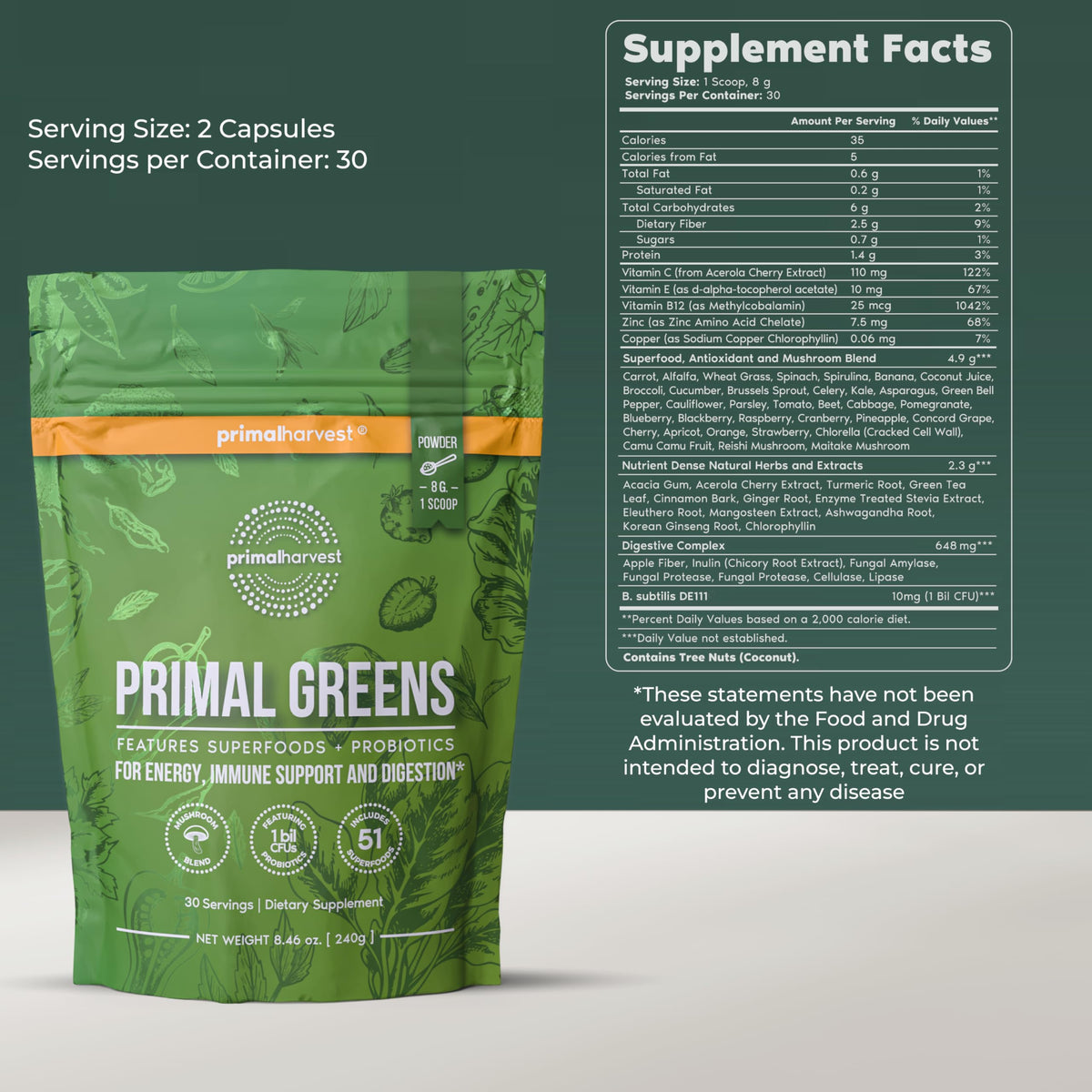Primal Harvest Primal Greens Powder 2 Pack β 30 Servings Daily Supergreens with Spirulina, Mushroom Blend & Probiotics