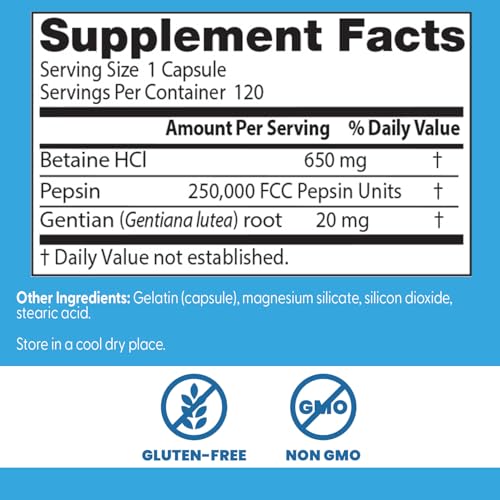 Doctor's Best Betaine HCl Pepsin & Gentian Bitters – الإنزيمات الهاضمة، 120 كبسولة، غير معدلة وراثيًا، خالي من الغلوتين | النسخة الأصلية