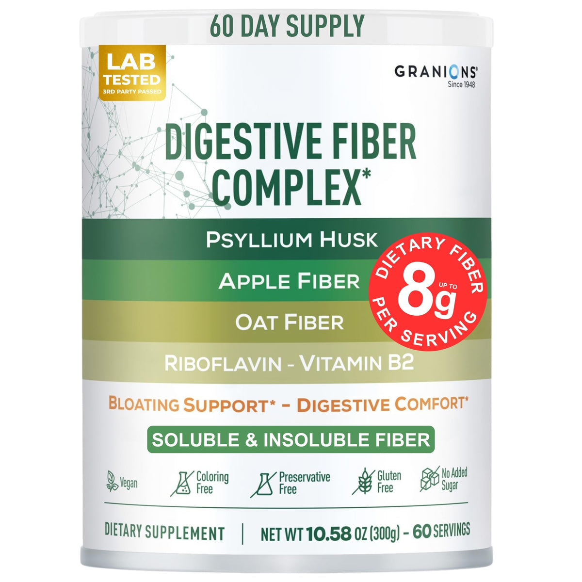 Psyllium Husk Powder β Digestive Fiber Supplement for Gut Health | Vegan, Sugar-Free, Unflavored | 60 Serves