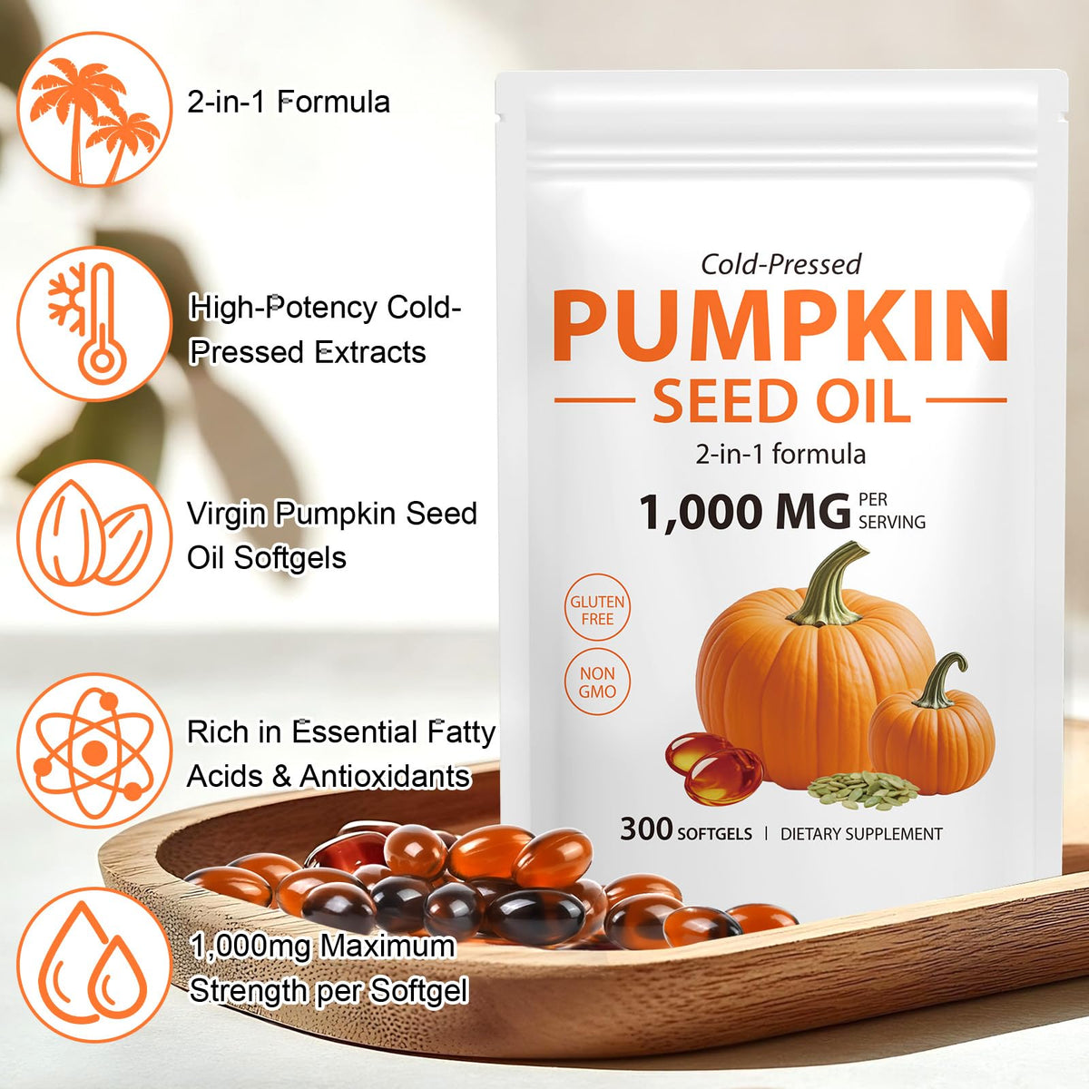 Pumpkin Seed Oil Capsules 300PCS β 2-in-1 Cold-Pressed, Non-GMO for Hair, Prostate & Urinary Health