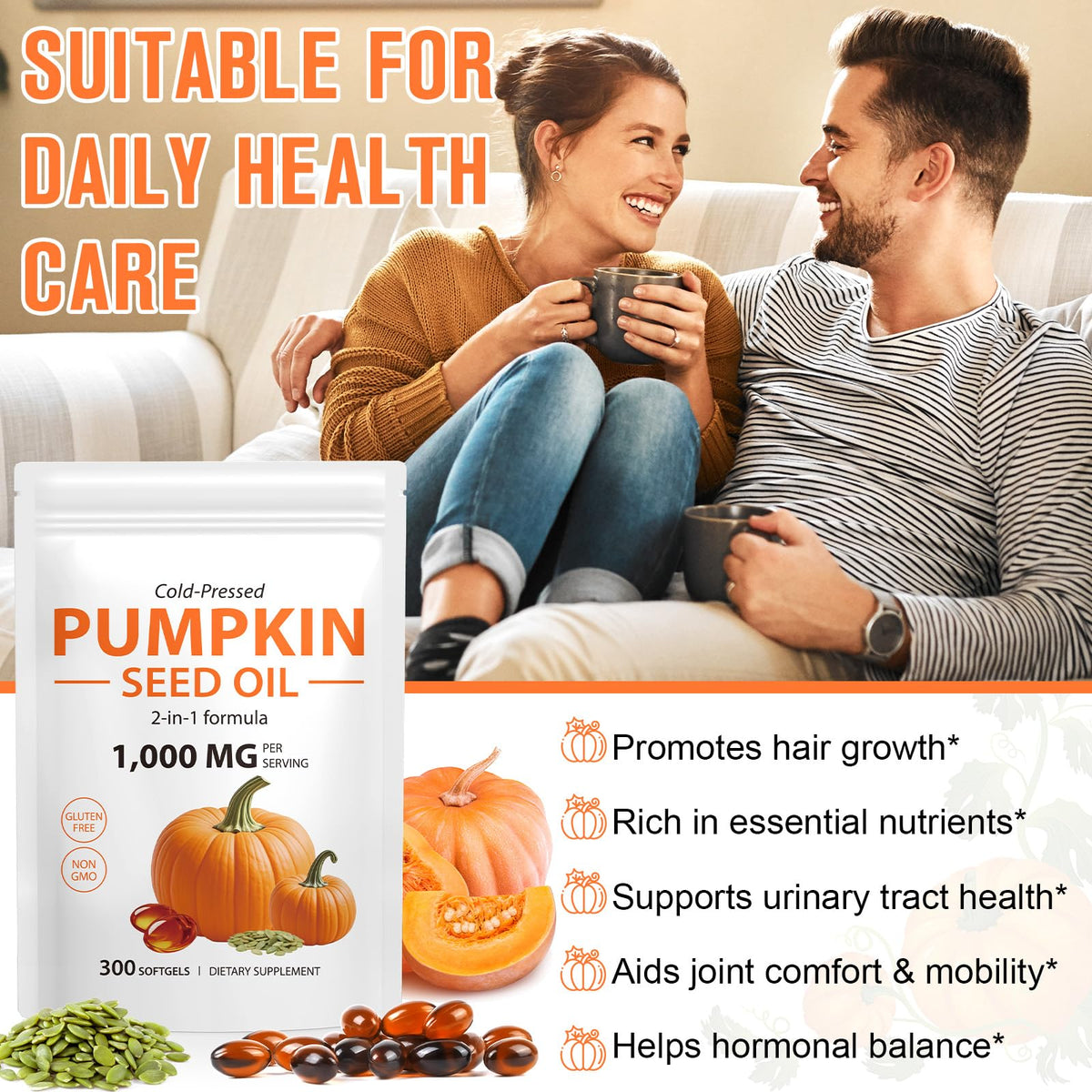 Pumpkin Seed Oil Capsules 300PCS β 2-in-1 Cold-Pressed, Non-GMO for Hair, Prostate & Urinary Health