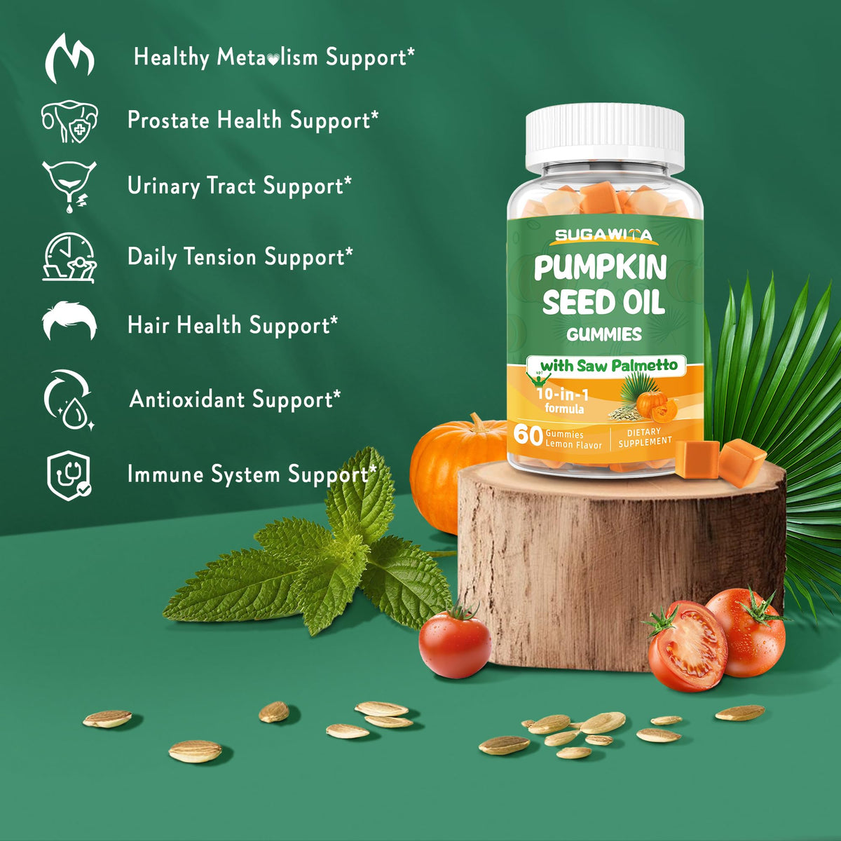 Caramelle gommose con olio di semi di zucca e serenoa repens – Biologiche, senza zucchero, vegane, 60 gommose