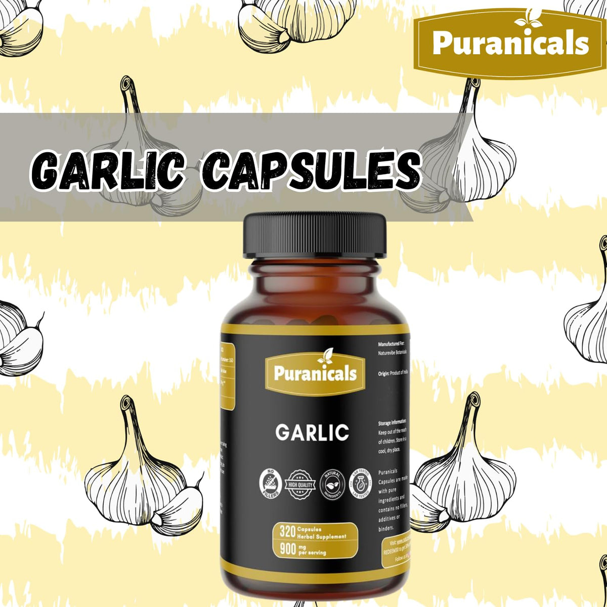Puranicals Garlic Premium 320 Capsules β Non-GMO, Gluten Free | 900 mg/serving