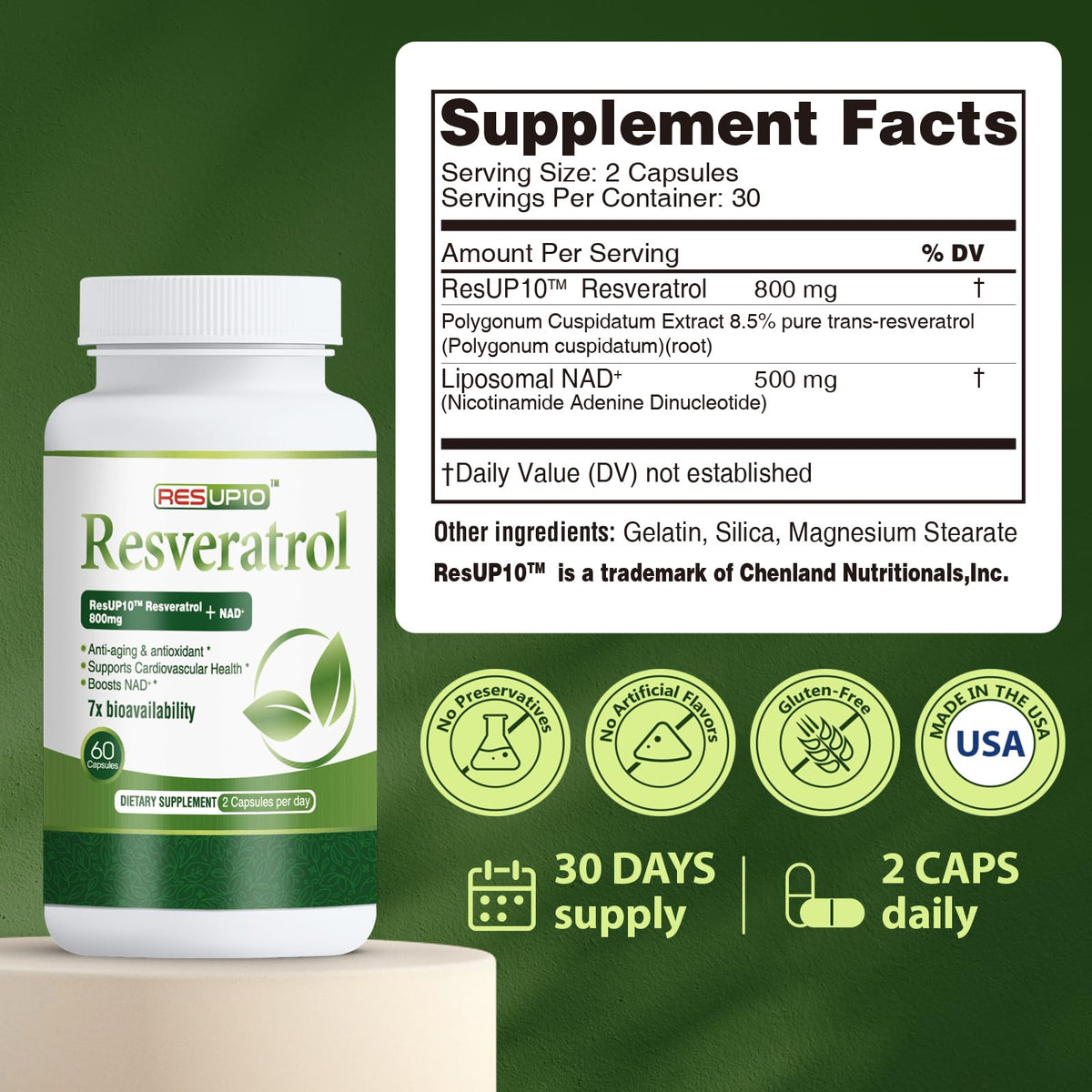 PureBotan Liposomal NAD+ Resveratrol 1300mg β ResUP10, 60 Capsules