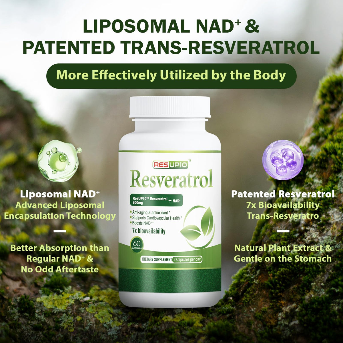PureBotan Liposomal NAD+ Resveratrol 1300mg β ResUP10, 60 Capsules