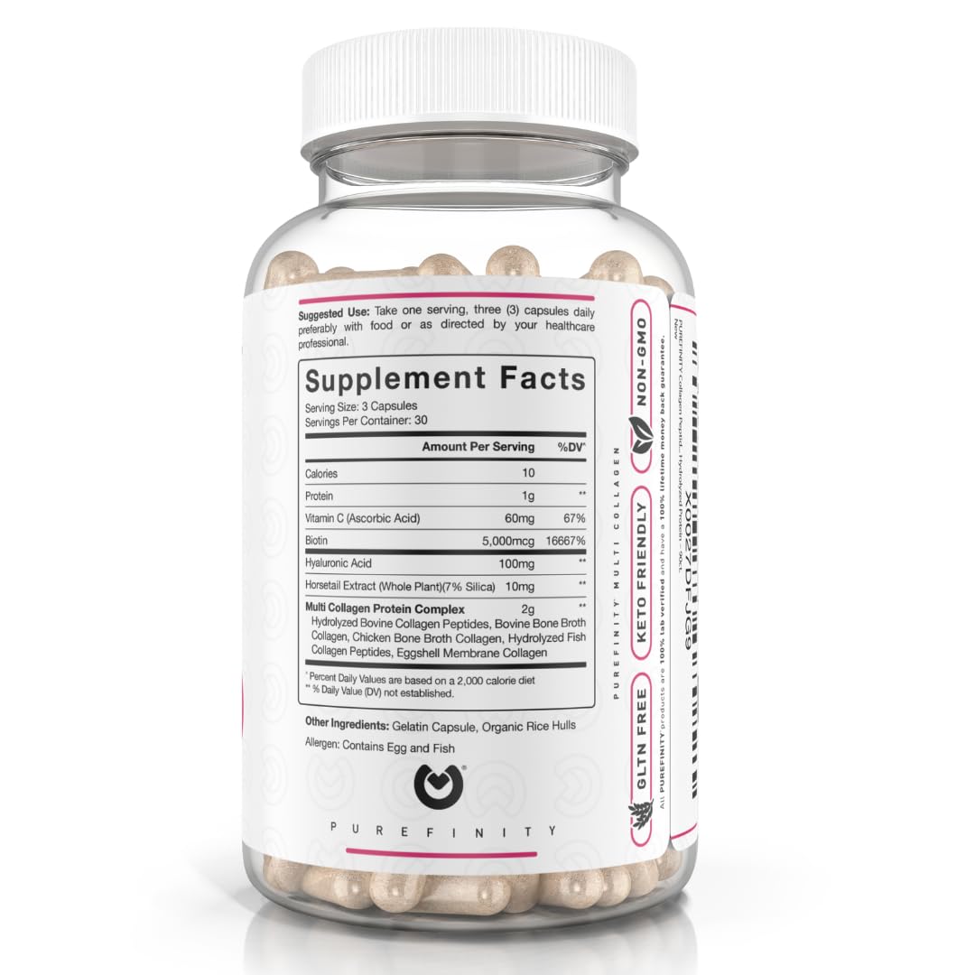 PUREFINITY Collagen Peptides for Women β Multi-Type I/II/III/V/X with Biotin & Hyaluronic Acid | 90 Capsules