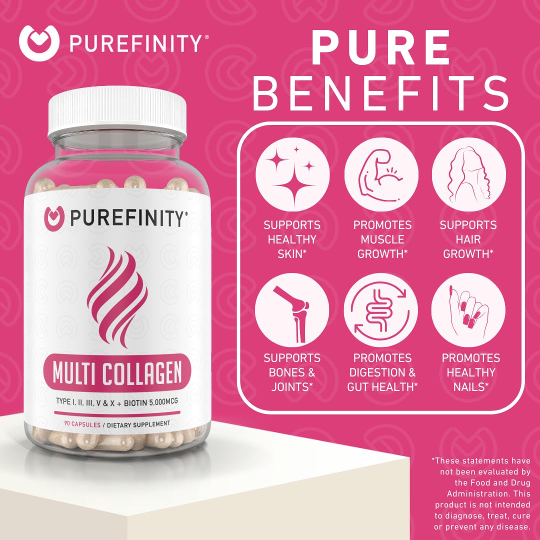 PUREFINITY Collagen Peptides for Women β Multi-Type I/II/III/V/X with Biotin & Hyaluronic Acid | 90 Capsules