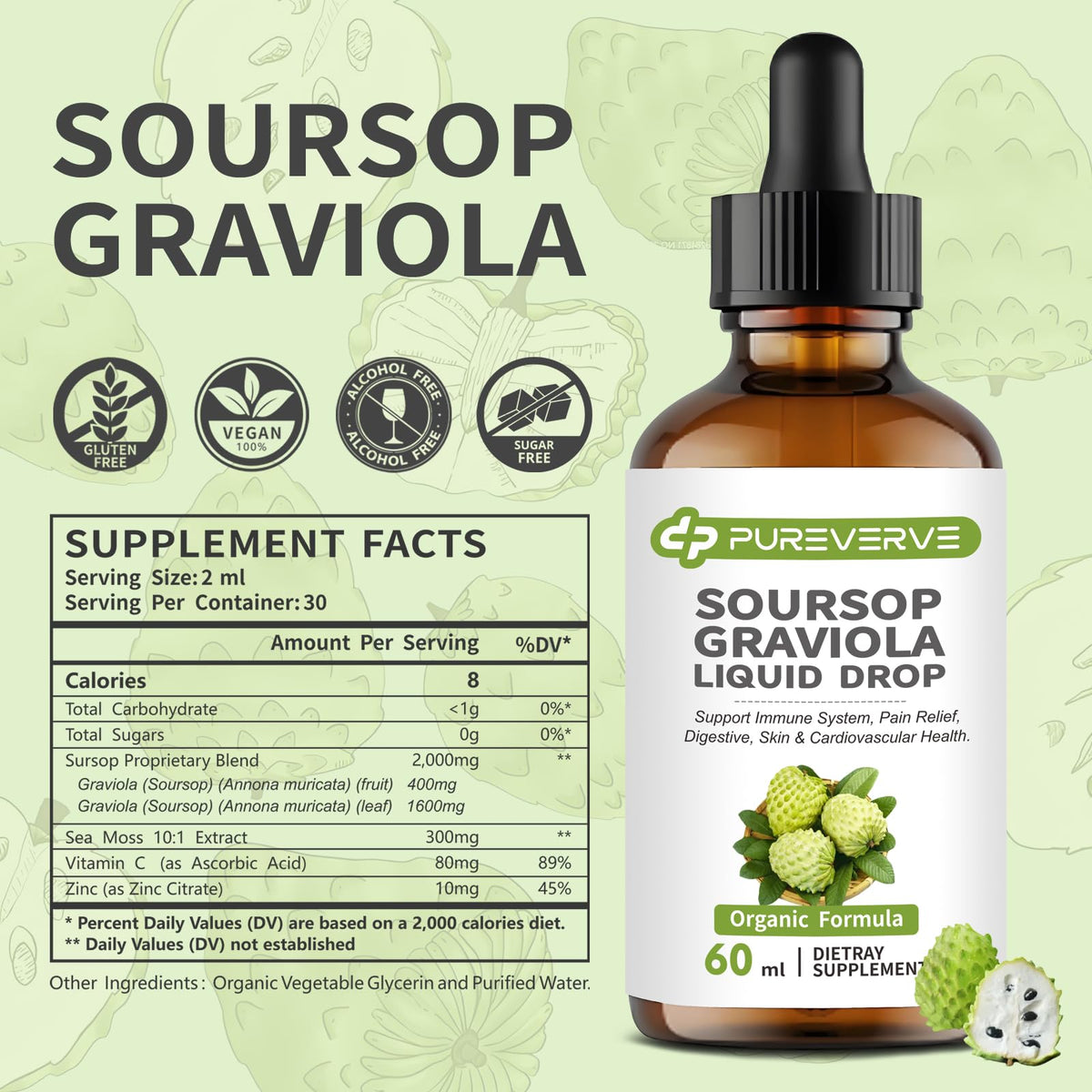 Purever Soursop Graviola Liquid Drop – Cell Support & Regeneration, Immune & Gut Health, Sugar/Gluten Free, 2 fl oz