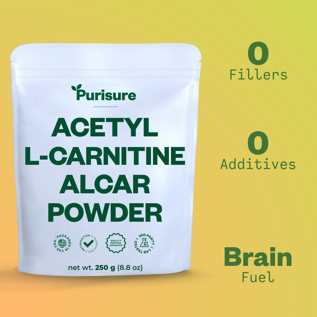 Purisure Acetyl L-Carnitine Powder, 250g β ALCAR Powder for Cognitive Performance & Endurance | Gluten Free, Non-GMO, 500 Servings