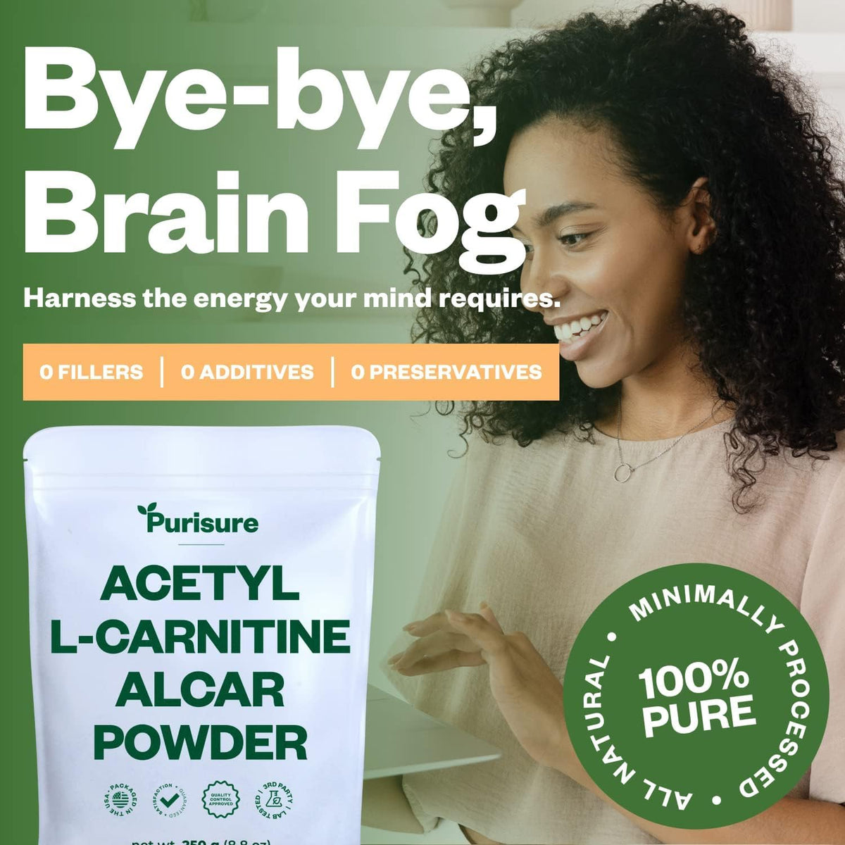 Purisure Acetyl L-Carnitine Powder, 250g β ALCAR Powder for Cognitive Performance & Endurance | Gluten Free, Non-GMO, 500 Servings