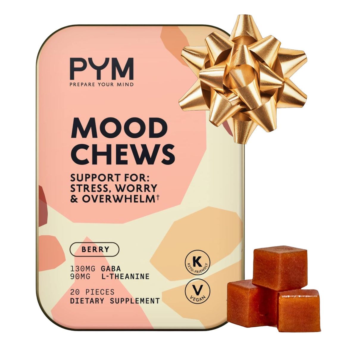 PYM Berry Mood Chews Support for Stress, Worry & Overwhelm, 20 Count | 130mg GABA, 90mg L-Theanine | Vegan, Non-GMO, Gluten-Free, No Added Sugar | All-Natural Mood Balance Supplement Made in USA