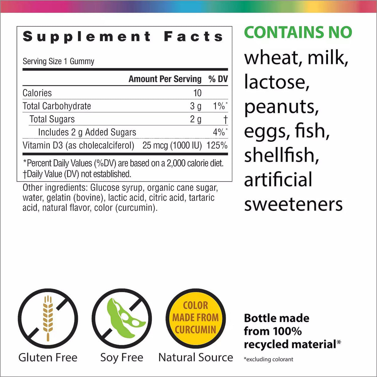 Rainbow Light Sunny Gummies Vitamin D3 1000 IU β Supports Bones, Muscles & Immunity | Gluten-Free, Soy-Free, Sour Lemon 50 Gummies
