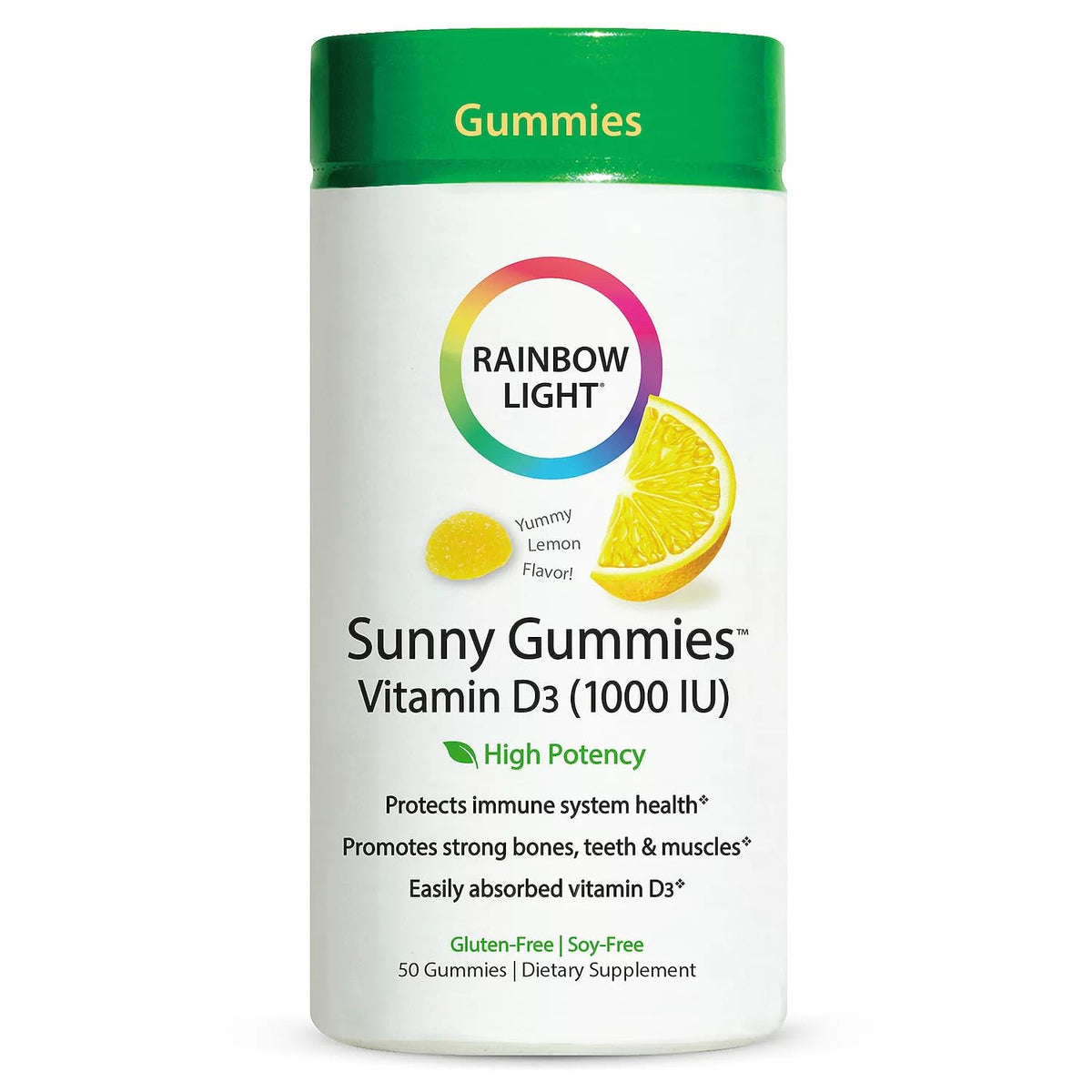 Rainbow Light Sunny Gummies Vitamin D3 1000 IU β Supports Bones, Muscles & Immunity | Gluten-Free, Soy-Free, Sour Lemon 50 Gummies