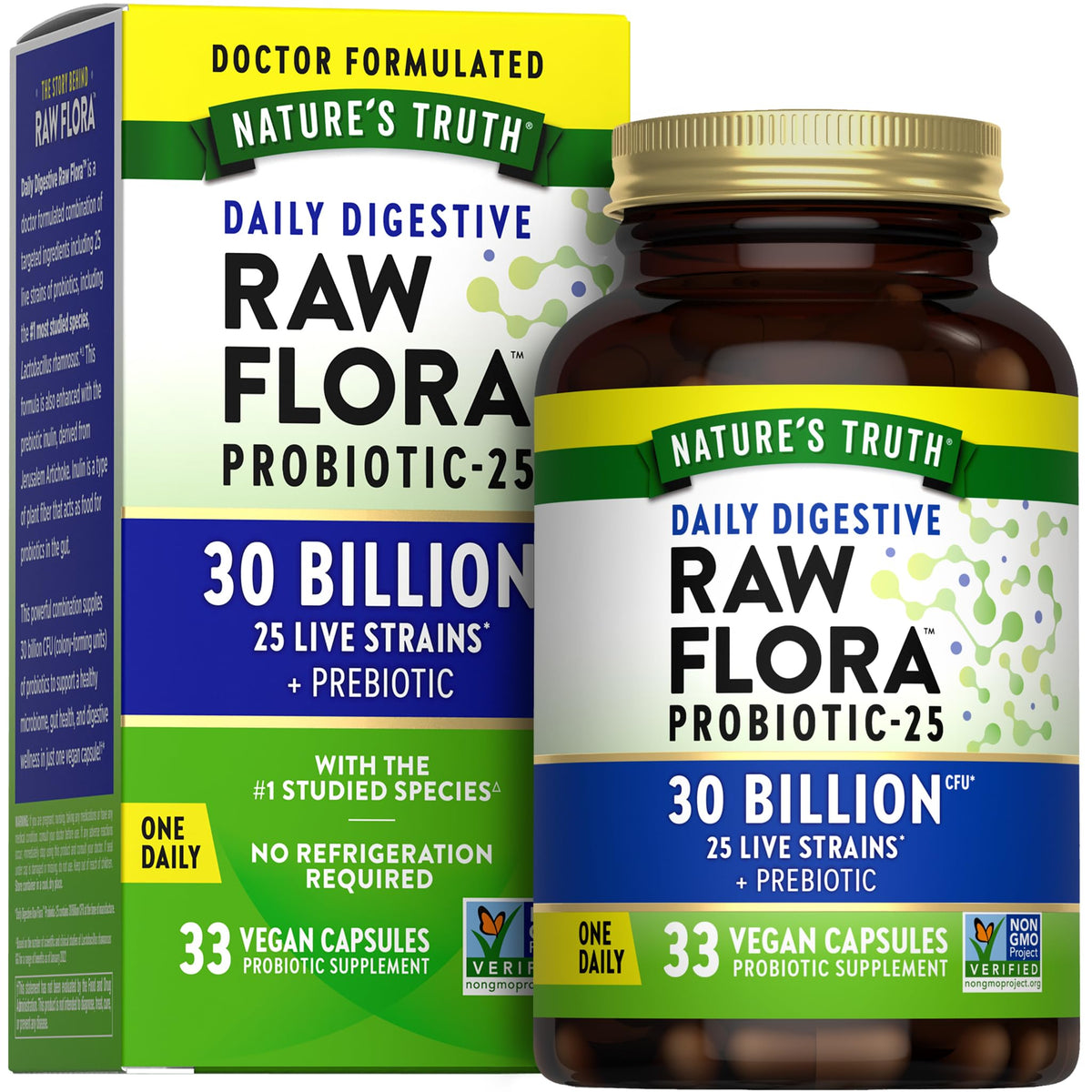 Flora Probiotici Crudi con Prebiotici – 30 Miliardi di CFU, 33 Capsule Giornaliere | Vegano, Senza OGM e Senza Glutine