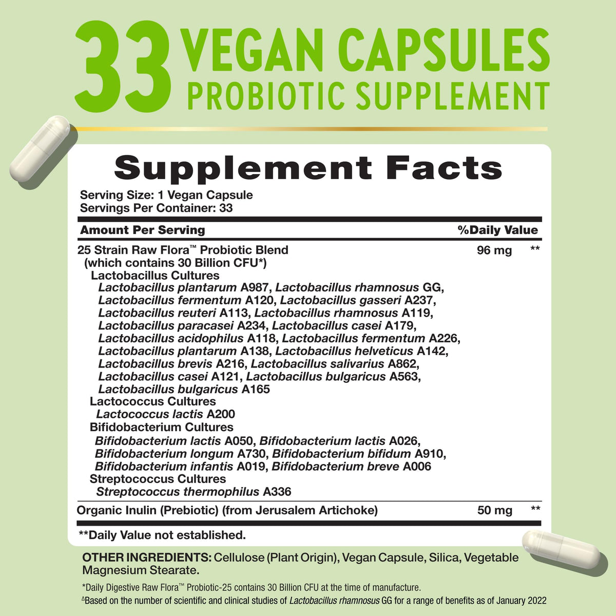 Flora Probiotici Crudi con Prebiotici – 30 Miliardi di CFU, 33 Capsule Giornaliere | Vegano, Senza OGM e Senza Glutine
