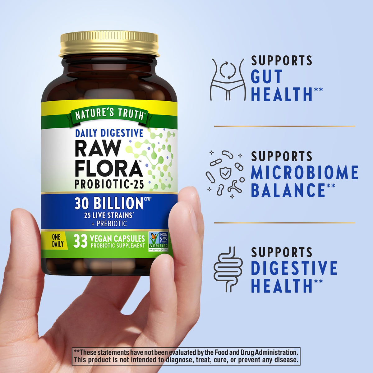 Flora Probiotici Crudi con Prebiotici – 30 Miliardi di CFU, 33 Capsule Giornaliere | Vegano, Senza OGM e Senza Glutine