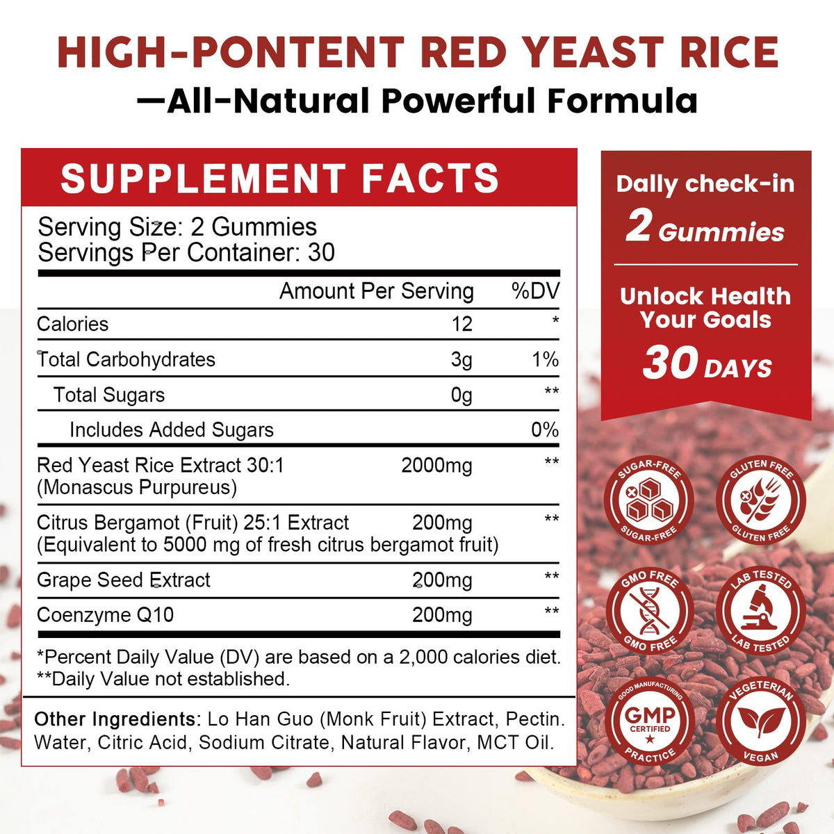 Red Yeast Rice 2000mg + CoQ10 Gummies β Max Strength Cholesterol Support (60 Count) | Vegan, Non-GMO, Gluten-Free