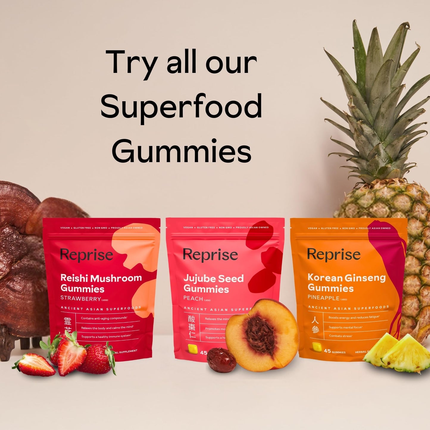 Reishi Mushroom Gummies | Hongo Reishi Mushroom Supplement Gummies (Lingzhi, Ganoderma Lucidum) | Full Spectrum Stress Gummies for Adults | Red Reishi Mushroom | Strawberry Flavor | 45 Count