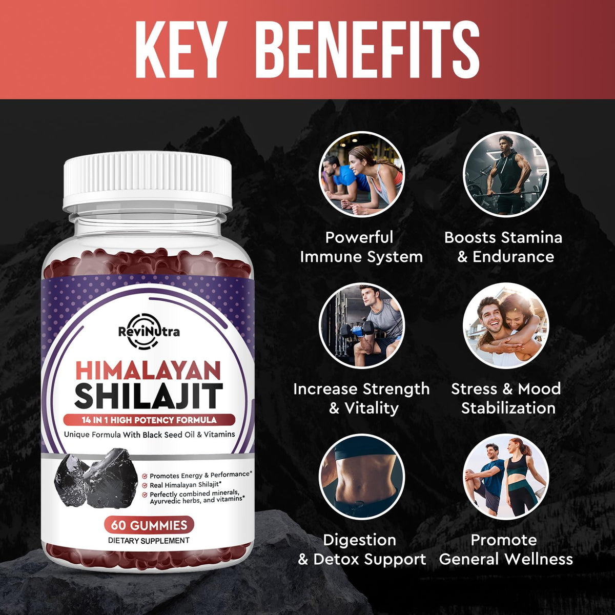ReviNutra Shilajit Gummies | Complesso Biologico Himalayano 14 in 1 per Energia, Cognizione e Immunità