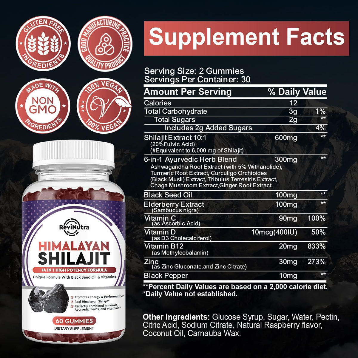 ReviNutra Shilajit Gummies | Complesso Biologico Himalayano 14 in 1 per Energia, Cognizione e Immunità