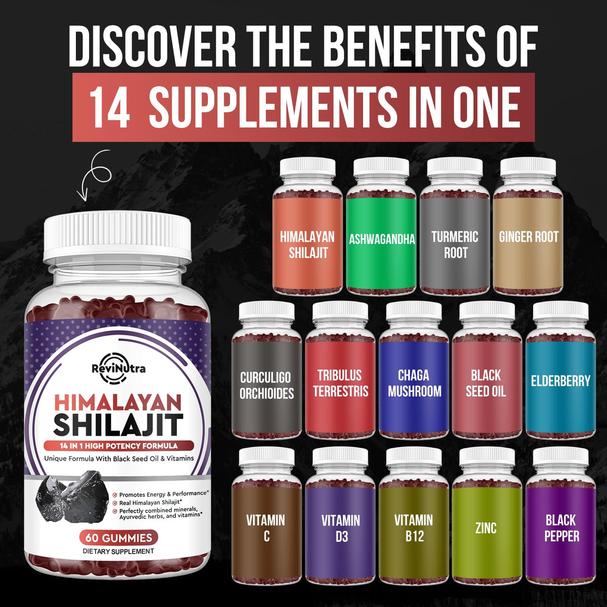 ReviNutra Shilajit Gummies | Complesso Biologico Himalayano 14 in 1 per Energia, Cognizione e Immunità