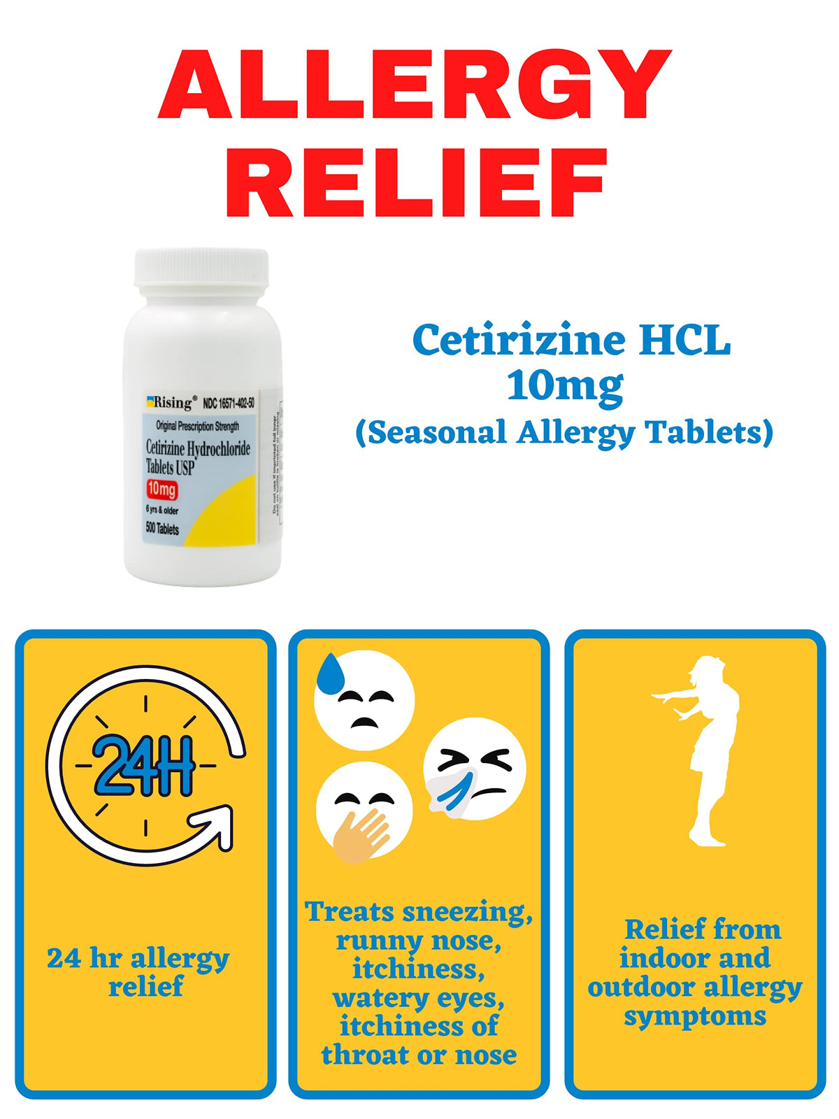 Rising Pharma Cetirizine HCL 10 mg β Antihistamine for Seasonal Allergies | 500 Tablets