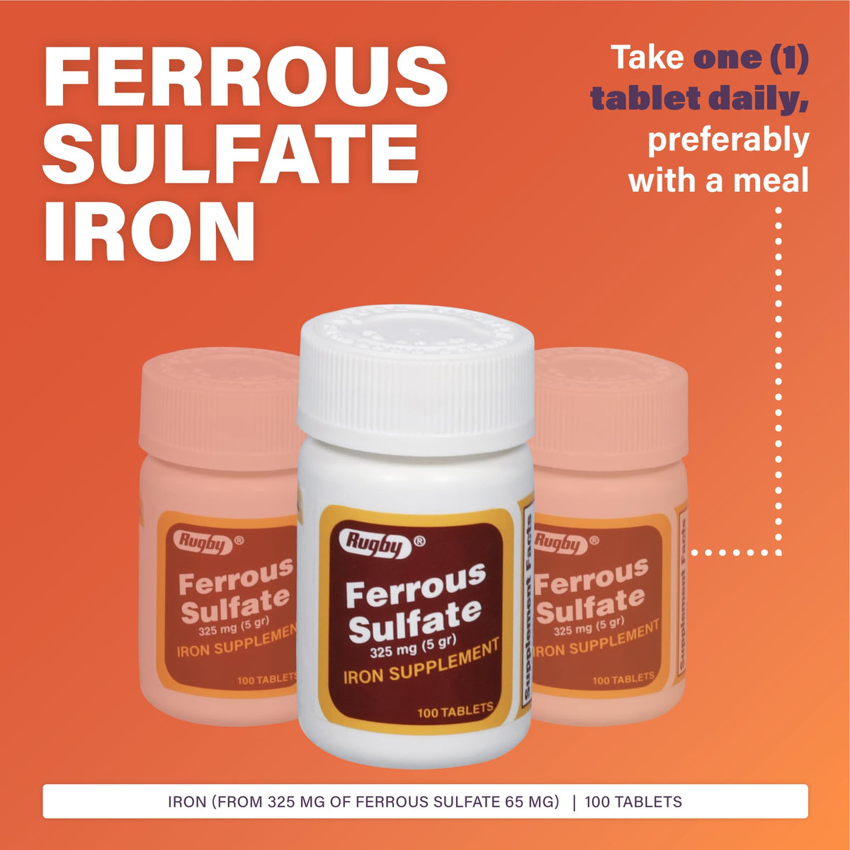 Rugby Ferrous Sulfate 325mg Tablets β Iron Supplement for Women & Men | 100 Count (1 Pack)