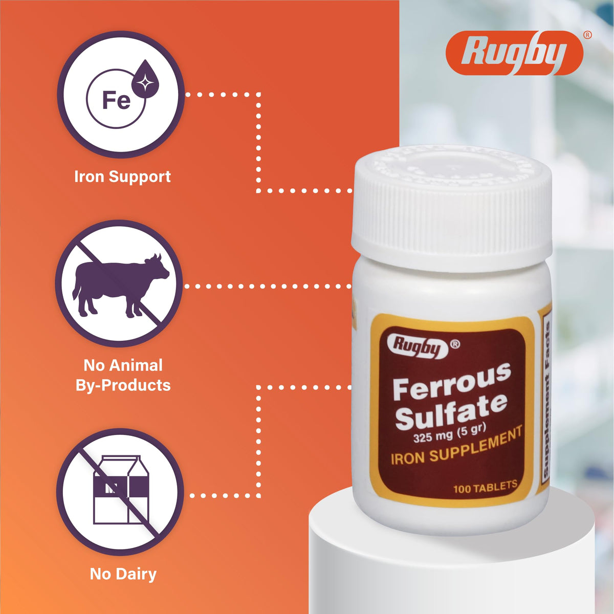 Rugby Ferrous Sulfate 325mg Tablets β Iron Supplement for Women & Men | 100 Count (1 Pack)