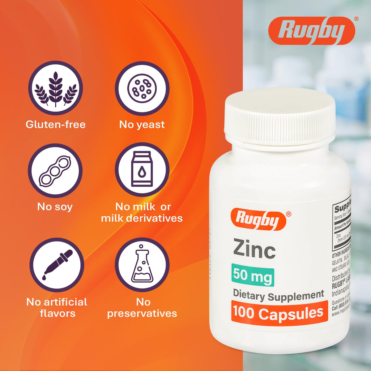 Rugby Zinc 50mg β Gluten-Free Immune Support Daily Dietary Supplement (100 Count)