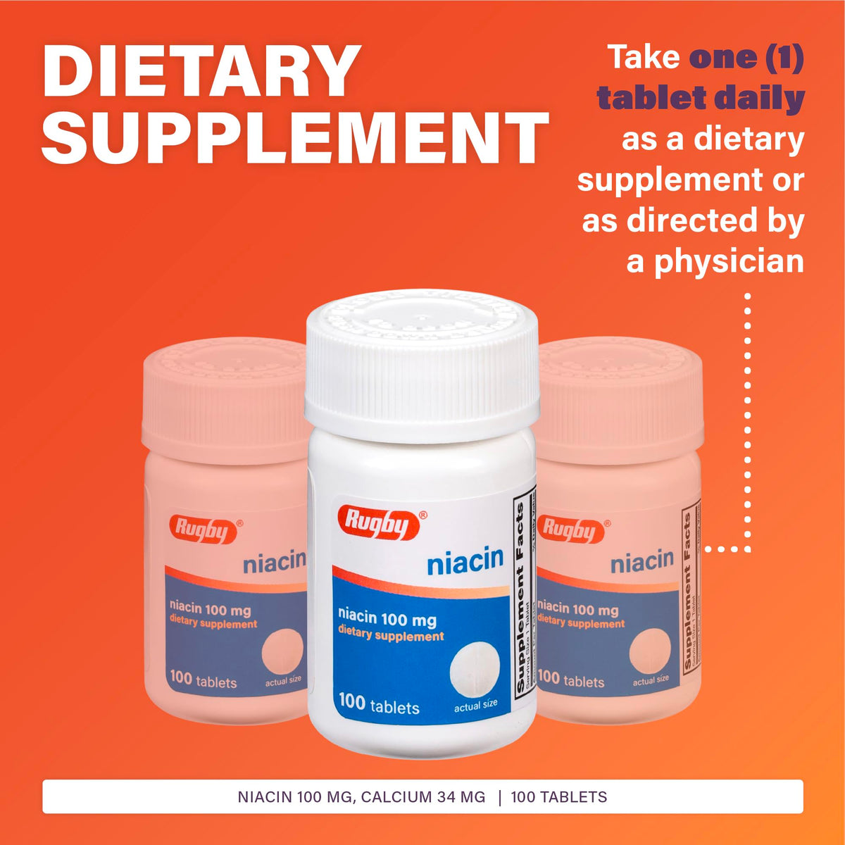 Rugby Niacin 100mg – أقراص النياسين مع الكالسيوم (مكمل غذائي، 100 قرص)