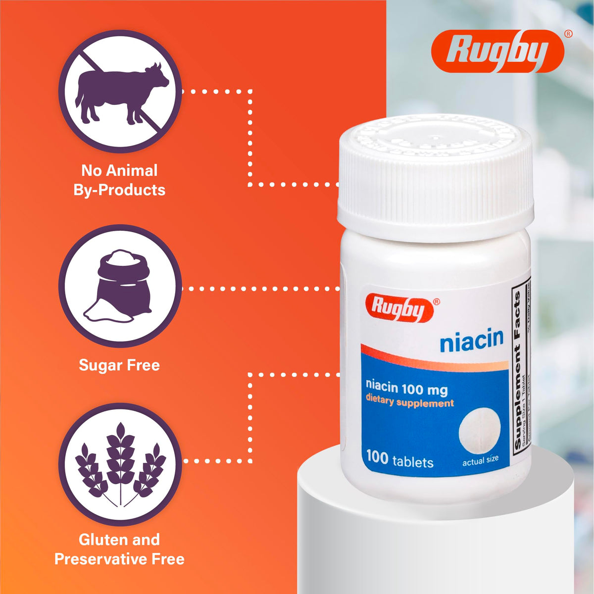 Rugby Niacin 100mg – أقراص النياسين مع الكالسيوم (مكمل غذائي، 100 قرص)