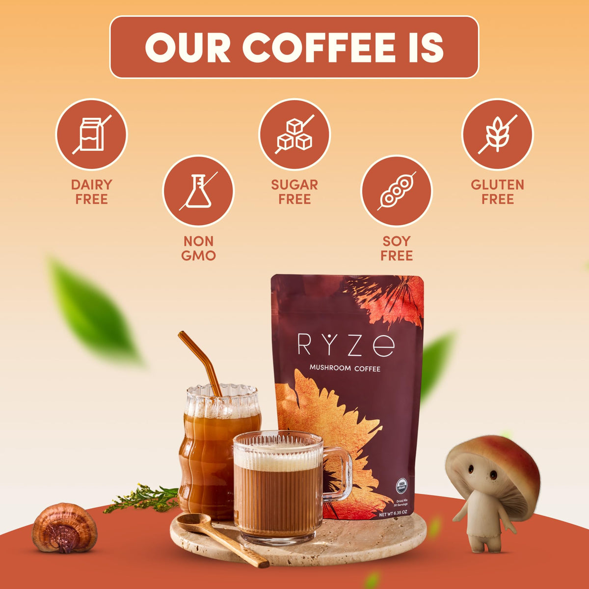 RYZE SUPERFOODS Caffè ai funghi USDA biologico — 6 funghi adattogeni + olio MCT, 30 porzioni