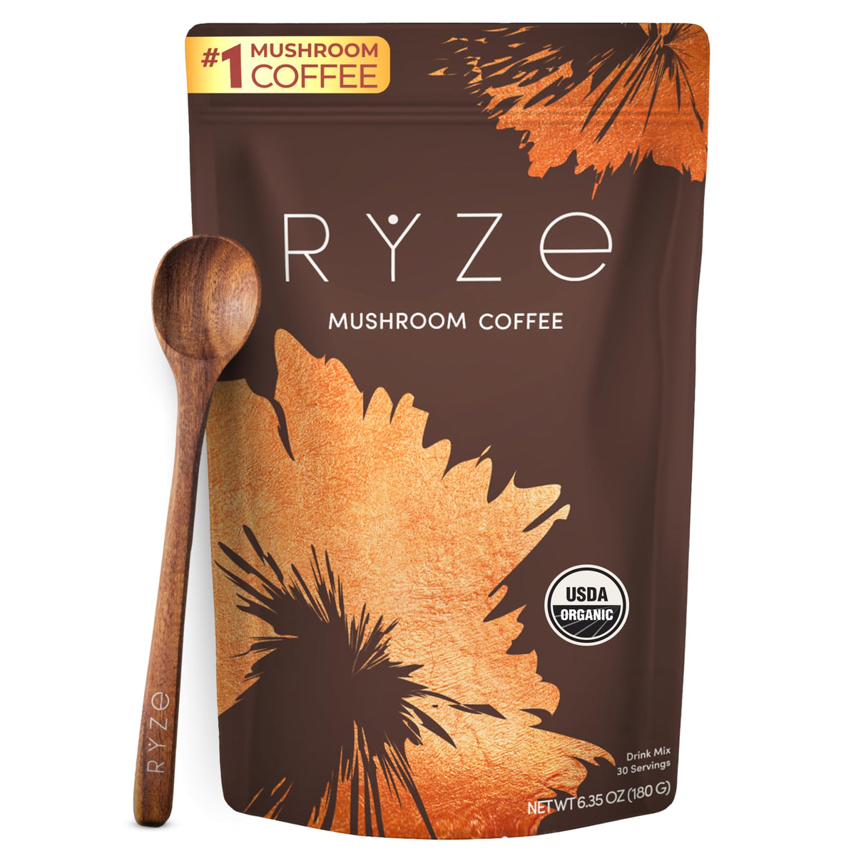 RYZE SUPERFOODS Caffè ai funghi USDA biologico — 6 funghi adattogeni + olio MCT, 30 porzioni