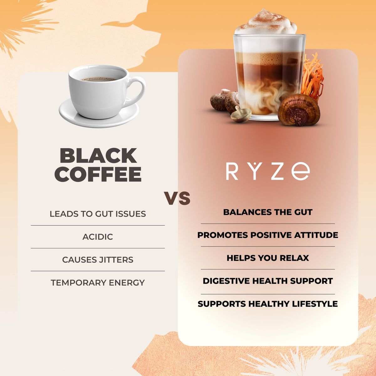 RYZE SUPERFOODS Caffè ai funghi USDA biologico — 6 funghi adattogeni + olio MCT, 30 porzioni