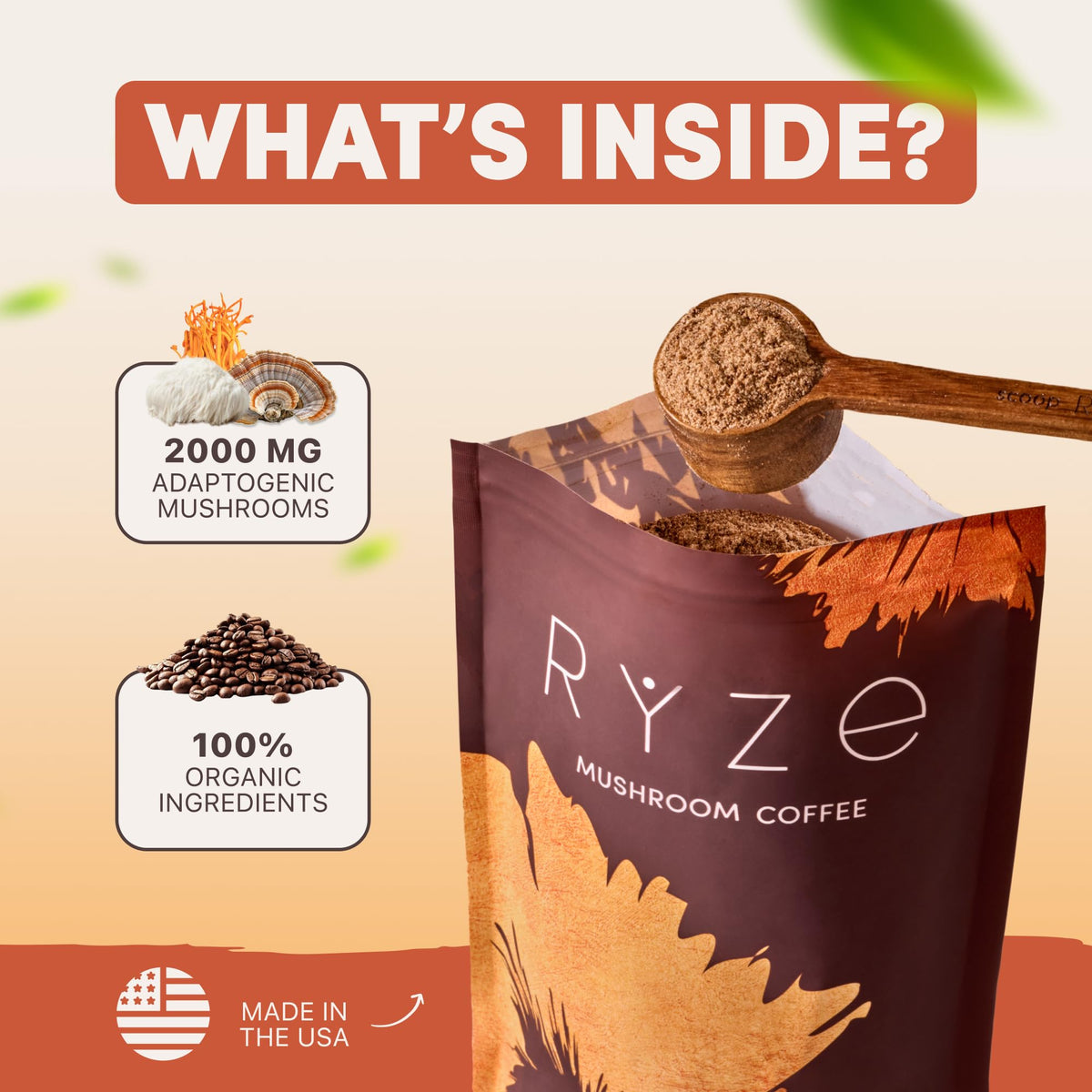 RYZE SUPERFOODS Caffè ai funghi USDA biologico — 6 funghi adattogeni + olio MCT, 30 porzioni