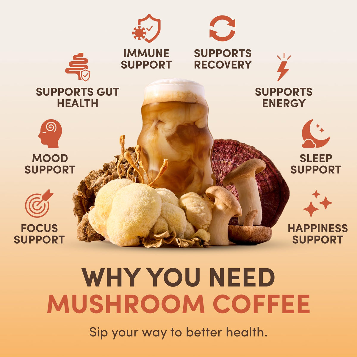 RYZE SUPERFOODS Caffè ai funghi USDA biologico — 6 funghi adattogeni + olio MCT, 30 porzioni