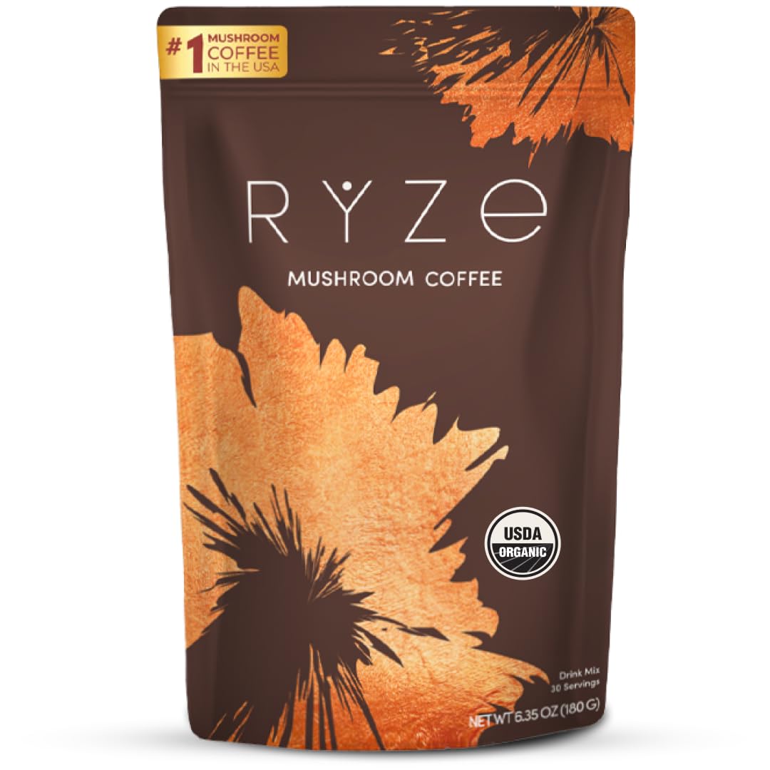 RYZE SUPERFOODS Caffè ai funghi USDA biologico — 6 funghi adattogeni + olio MCT, 30 porzioni