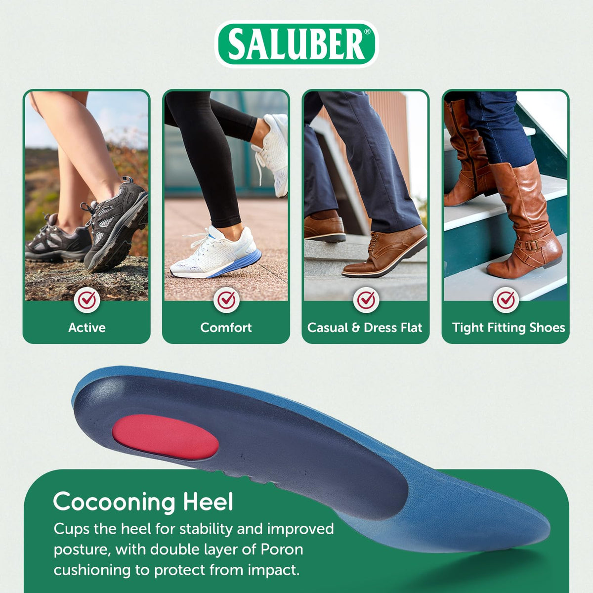 دعامات تقويم العظام Saluber مع وسادة مشط القدم ودعم تقوس القدم لالتهاب اللفافة الأخمصية - للجنسين مقاس EU43 / US نسائي 11-11.5