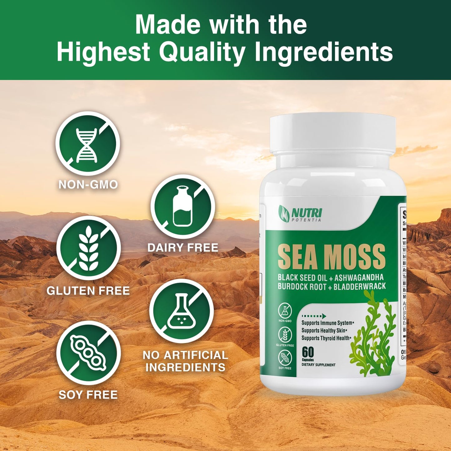 Irish Sea Moss Capsules with Black Seed Oil, Ashwagandha & Ginger – 16-in-1 Immune, Joint & Gut Support (60 Capsules)