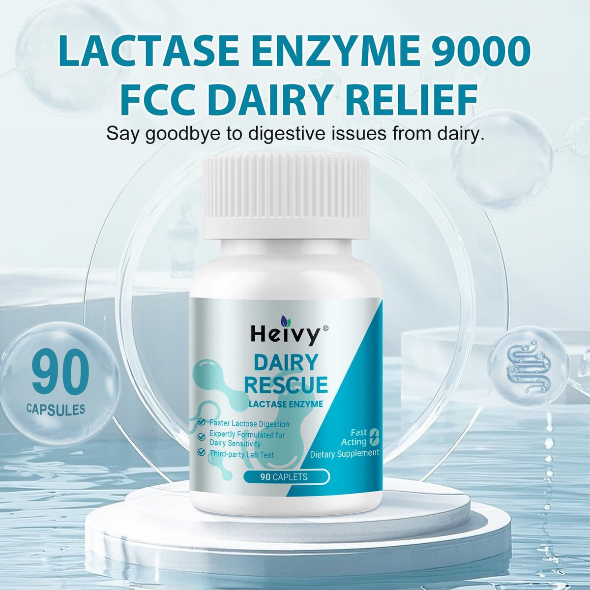 Heivy Lactase Enzyme 3000 FCC Dairy Relief – حبوب لاكتوز سريعة المفعول، 90 كبسولة، صنع في الولايات المتحدة الأمريكية (عبوتان)
