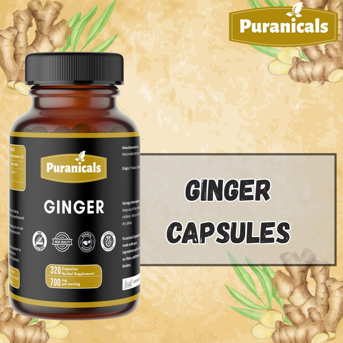 Puranicals Ginger Premium 320 Capsules β Non-GMO, Gluten Free, 700 mg per Serving, 100% Pure Ginger Root Powder
