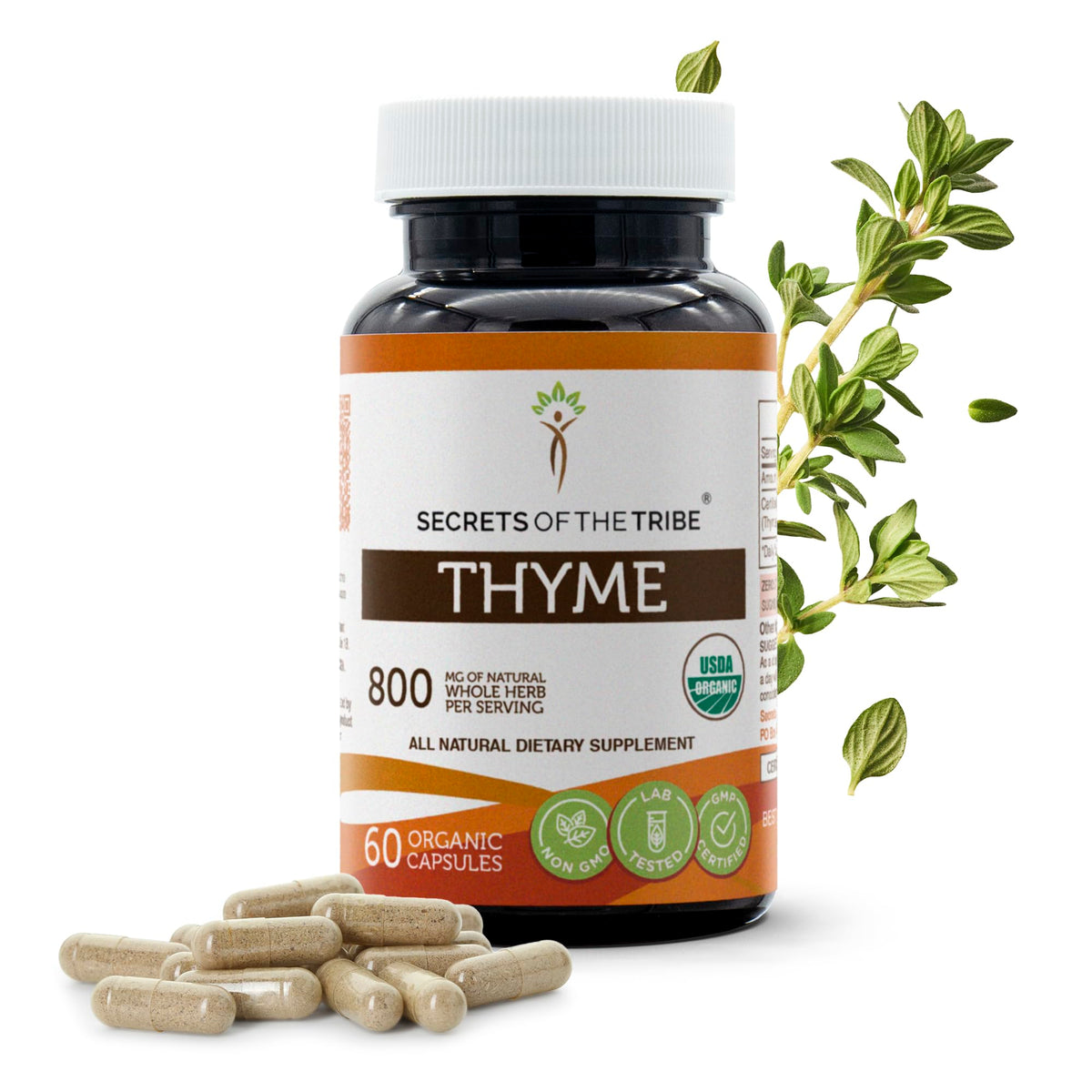 Secrets of the Tribe Thyme 60 Capsules β USDA Organic Thymus vulgaris (Toni Effect) in Vegetable Capsules