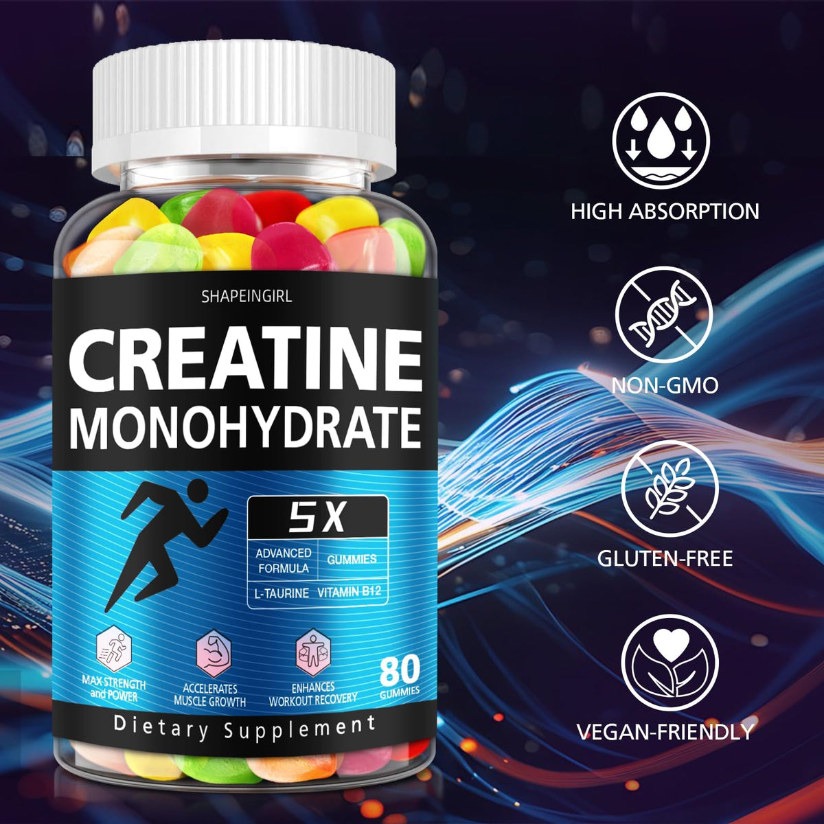 SHAPEINGIRL Creatine Monohydrate Gummies β Clean Creatine for Women & Men | Muscle, Endurance & Recovery