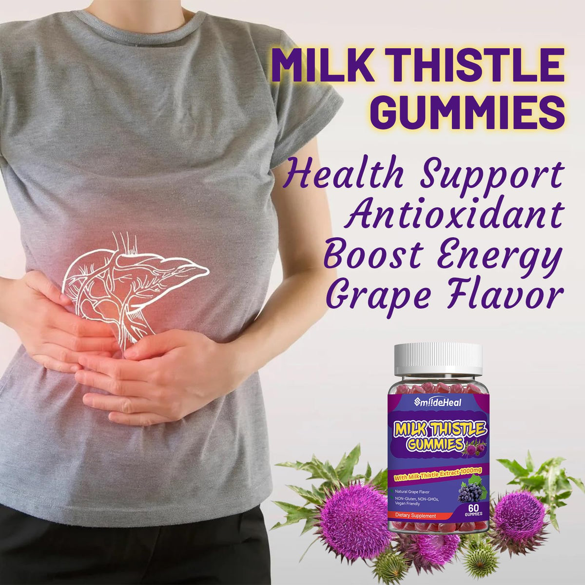 SmildeHeal Milk Thistle Gummies β 1000mg Extract, Liver Detox, Antioxidant Support, Vegan, Non-GMO, Gluten-Free | 60 Count